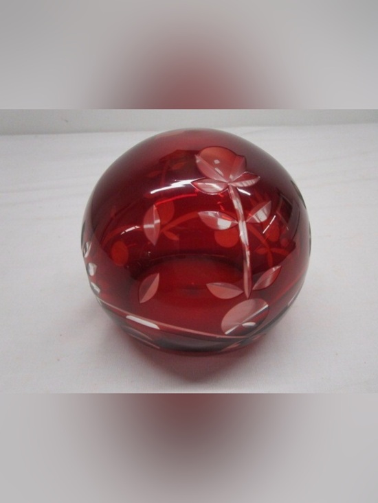 Other - Large Bohemian Czech Cut to Clear Glass Orb Paperweight Red 4.5"